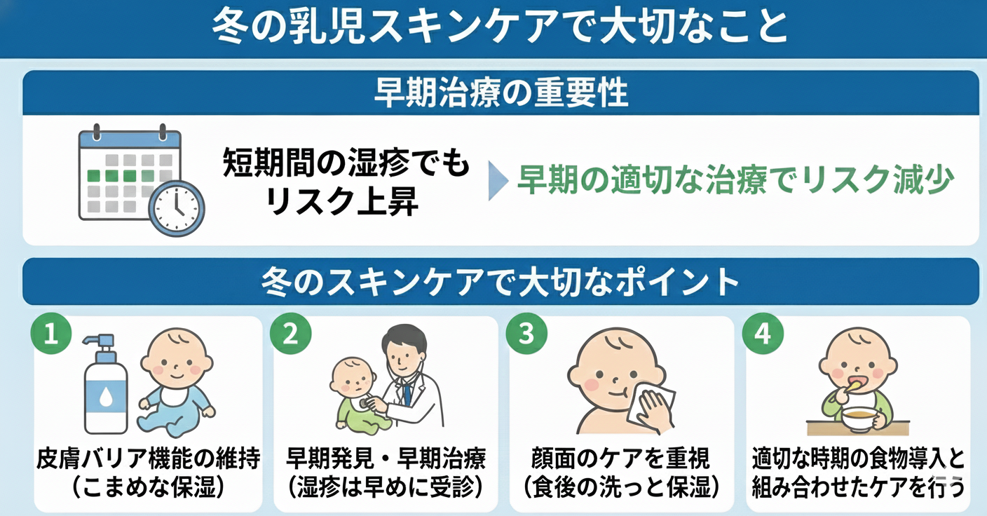 冬の乳児スキンケアで大切なことのまとめイラスト