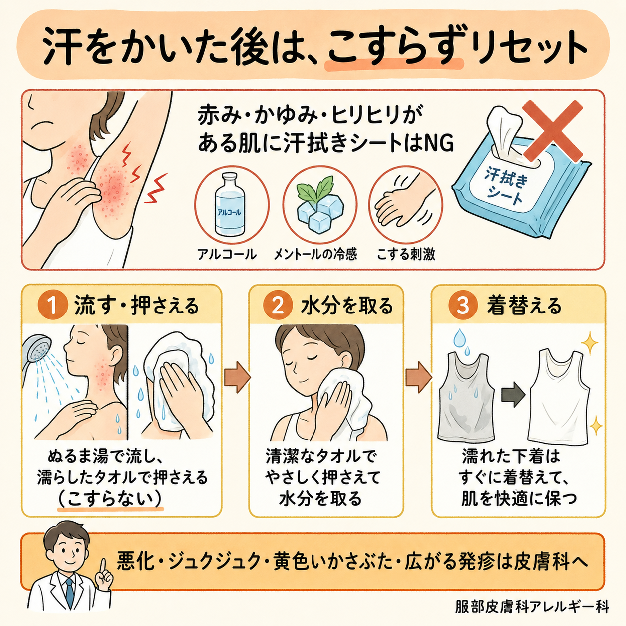 汗をかいた後はこすらずリセット