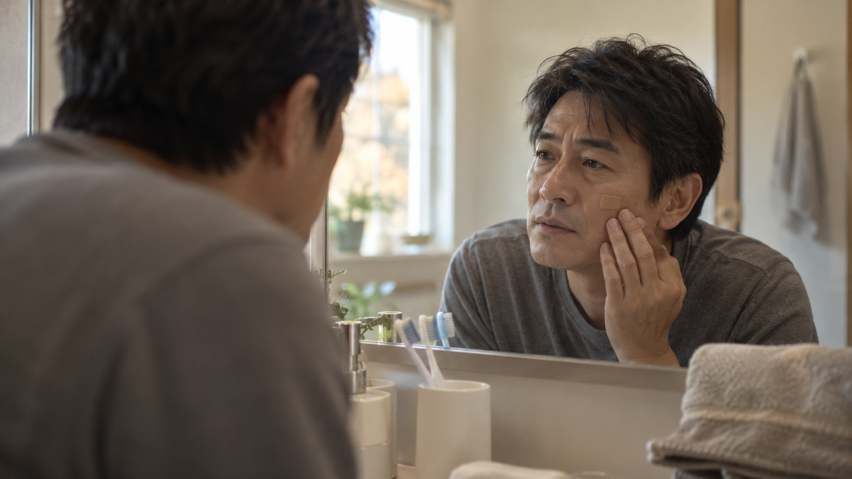 頬のテープを鏡で気にする男性