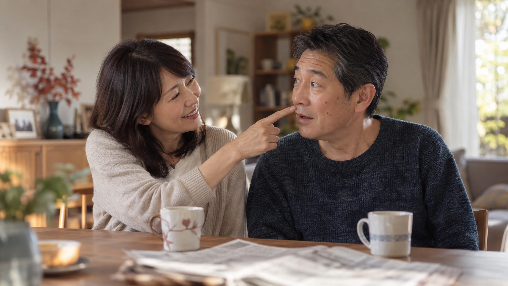 妻が夫の頬のシミを指さす