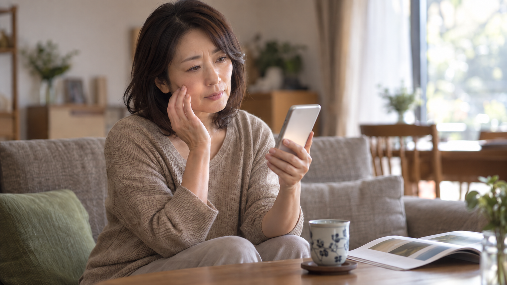 シミが気になってスマホで調べている女性