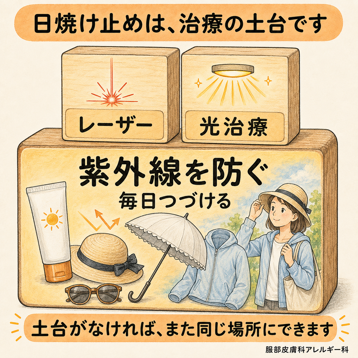日焼け止めは治療の土台。紫外線を防ぐことを毎日つづけ、その上にレーザーと光治療が乗る