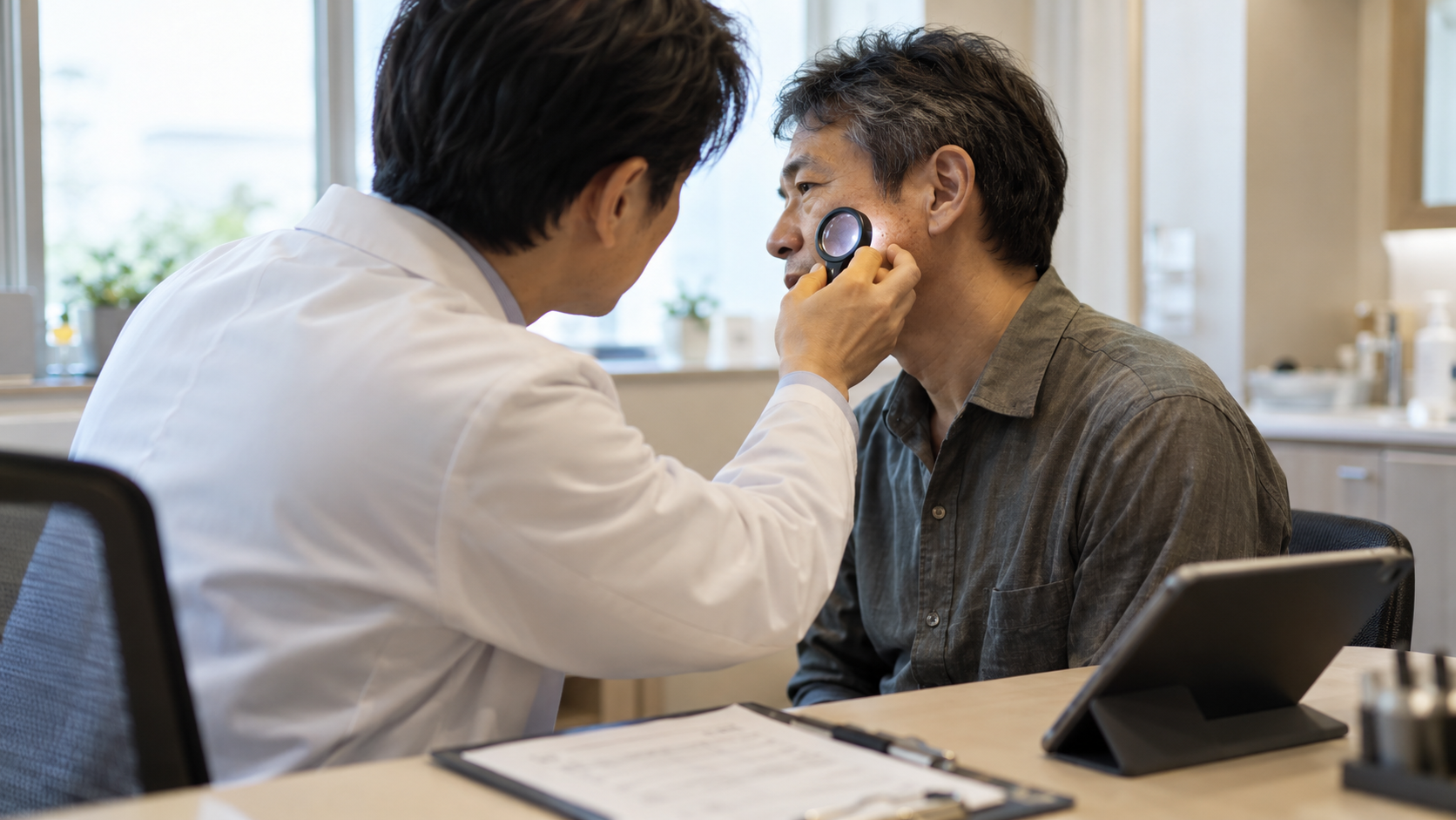 診察室でシミを拡大して観察する